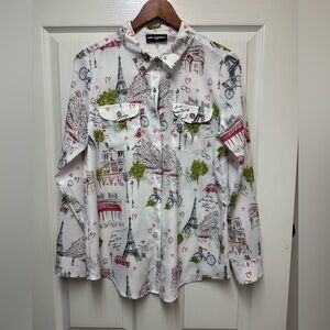 Karl Lagerfeld White Paris Print Button-Down Blouse with Red & Green Accents